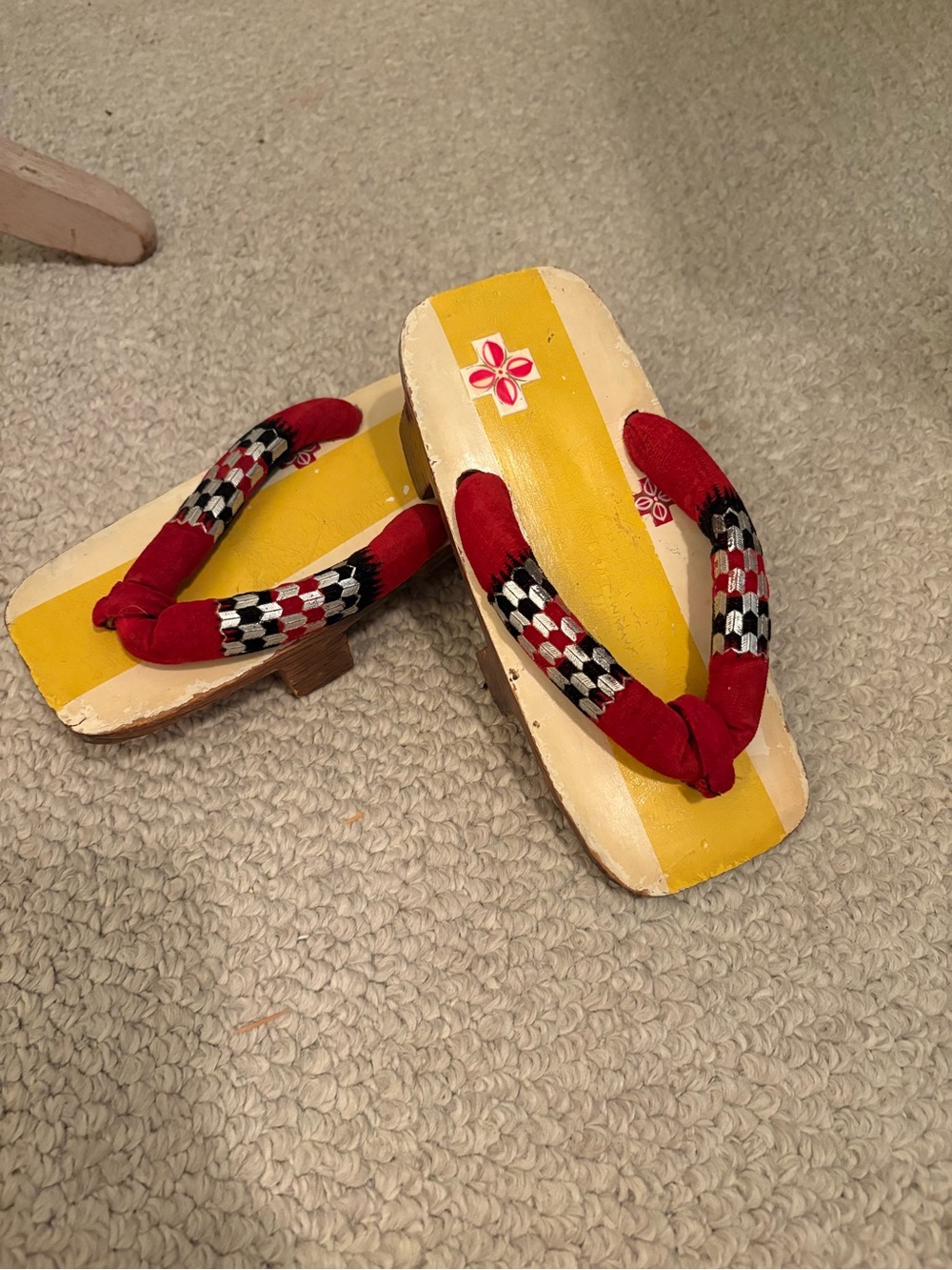 Vintage Yellow and Red Wooden Geta Sandals Traditional Style Youth Japan Shoes